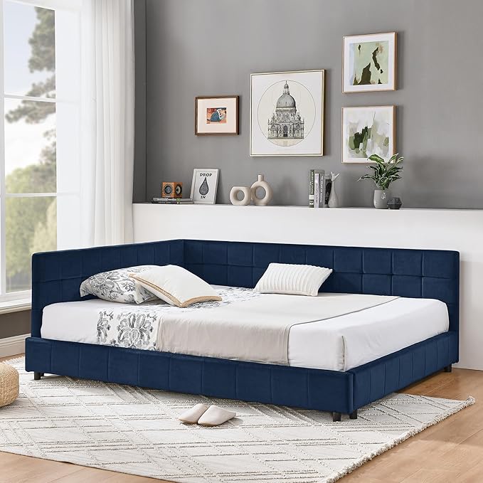 Bellemave Full Size Corner Bed Frame with Comfortable Backrest and Armrests, Velvet Tufted Corner Bed Frame Full Size, Upholstered Daybed for Bedroom, Living Room, Guest Room, Dark Blue