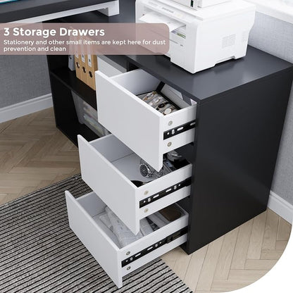 Home Office Computer Desk Corner Desk with 3 White Drawers and 2 Shelves, 53-inch L-Shaped Study Desk with Storage, Black + White