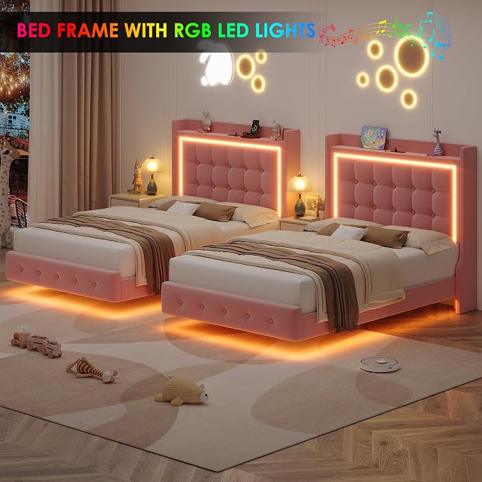 Keyluv Twin Floating Bed Frame with Storage Headboard, LED Lights & Charging Station Platform Bed, Soft Upholstered Velvet, USB/Type-C Ports, Easy Assembly, Pink
