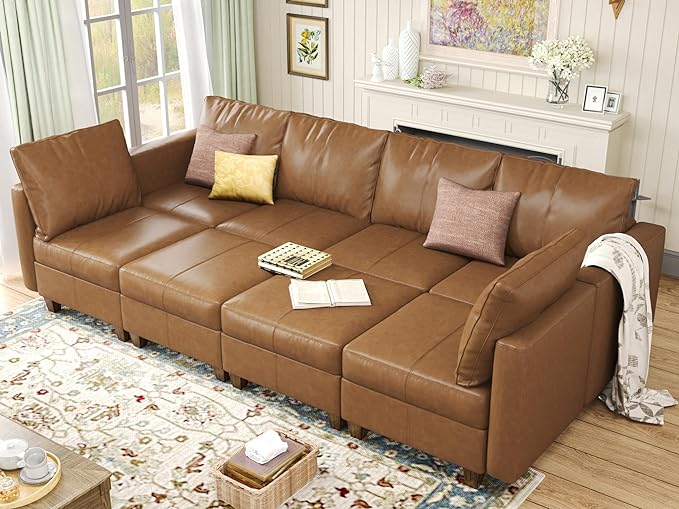 EASE MOOSE Modular Sectional Sofa Sleeper Couch with Storage,Faux Leather Sectional Large Moduar Sofa Bed,Brown