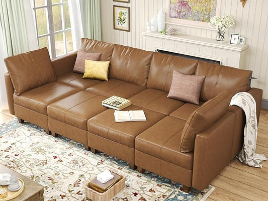 EASE MOOSE Modular Sectional Sofa Sleeper Couch with Storage,Faux Leather Sectional Large Moduar Sofa Bed,Brown