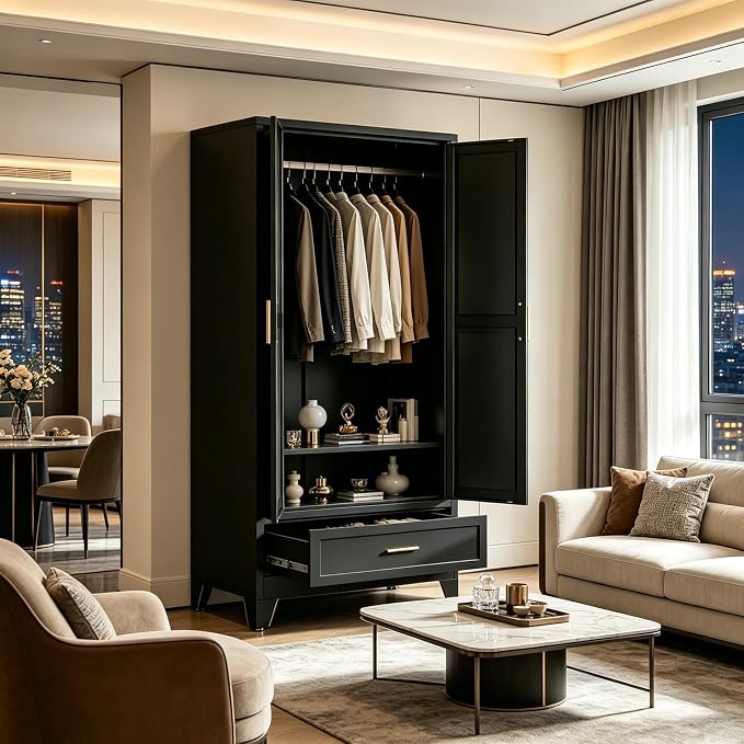 71" H Metal Armoire Wardrobe Closet with Drawers, Black Wardrobe Closet with Doors and Shelves,Tall Wardrobe Closet for Bedroom