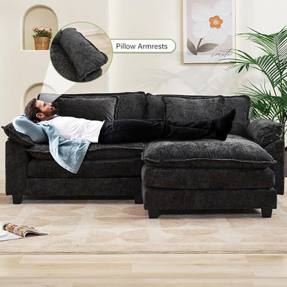 Oprisen 86" Modular Sectional Sofa, Comfy Cloud Couch Sectional Sofa with Ottoman, Chenille Sofa Sleeper Deep Seat Sofa with Throw Pillows for Living Room (Black, 86"- L Shape)