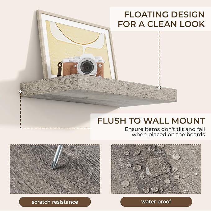 RICHFOCUS 16Inch Floating Shelves for Wall 2 Pack Shelves for Bedroom|Kitchen|Bathroom Wall Mounted Rustic Wood Floating Shelf with Invisible Brackets for Books|Storage|Decor, Grey