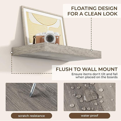 RICHFOCUS 16Inch Floating Shelves for Wall 2 Pack Shelves for Bedroom|Kitchen|Bathroom Wall Mounted Rustic Wood Floating Shelf with Invisible Brackets for Books|Storage|Decor, Grey