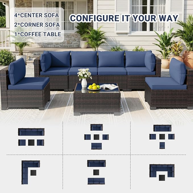 LAFWELL 7 Pieces Outdoor Patio Furniture Sets,Rattan Conversation Sectional Set,Manual Weaving Wicker Patio Sofa with Tea Table