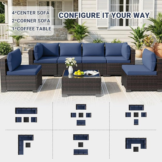 LAFWELL 7 Pieces Outdoor Patio Furniture Sets,Rattan Conversation Sectional Set,Manual Weaving Wicker Patio Sofa with Tea Table