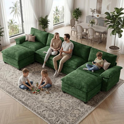 Modern U Shaped Sofa Couches for Living Room, Modular Sectional Cloud Couch with Movable Ottoman, Comfy Chenille Sofa for Apartment and Small Space, Green
