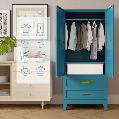 71" Tall Metal Armoire Wardrobe Closet,17.7" Deep By 31.5" Wide Portable Closet for Hanging Clothes,Wardrobe Cabinet with Drawers and Shelves for Bedroom Office Garage,Blue 1 Pack