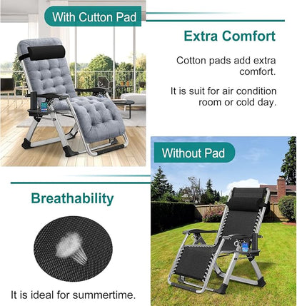 DoCred Zero Gravity Chair, Lawn Recliner, Reclining Patio Lounger Chair, Folding Portable Chaise with Detachable Soft Cushion, Cup Holder, Headrest