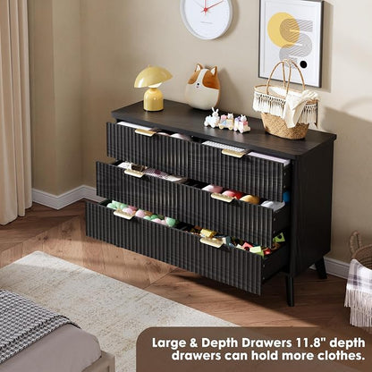 GarveeHome Fluted Dresser for Bedroom with 6 Deep Drawers, 47.2 in Wide Modern Chest of Drawers, Wooden Dresser TV Stand, Curved Profile Design, for Living Room, Kids Room, Hallway, Black