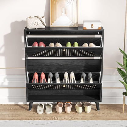Fsbecl Shoe Storage Cabinet for Entryway with 2 Flip Drawers, Narrow Wood Shoe Cabinet with Fluted Panel, Freestanding Hidden Shoe Organizer for Foyer, Hallway (Black - No Shelf)