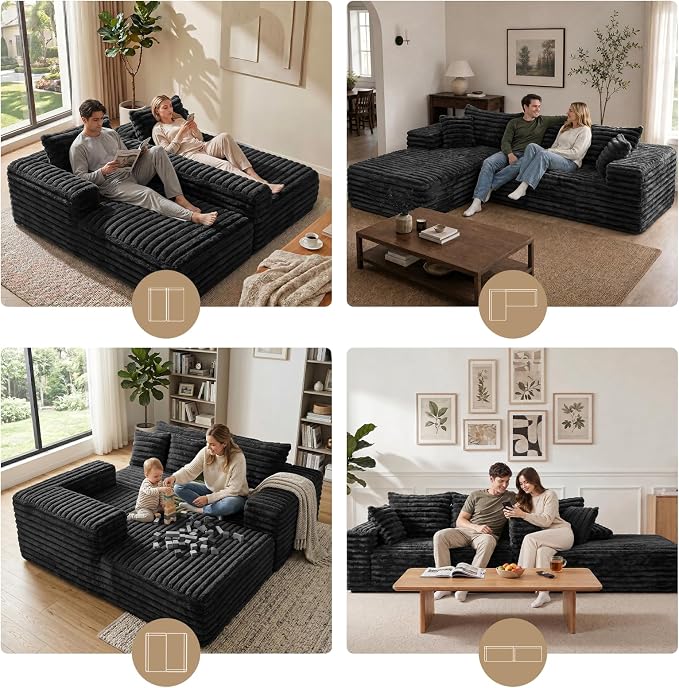 2" Corduroy Boneless Couches for Living Room, L Shape Sofa with Chaise | 102.4" Modular Sectional Sofa, Cloud Couch Sectional with Deep Seat, No Assembly, Black, Left Chaise