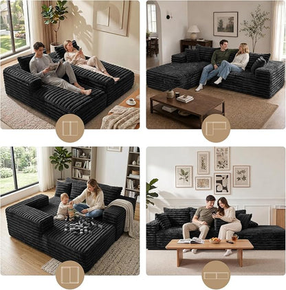 2" Corduroy Boneless Couches for Living Room, L Shape Sofa with Chaise | 102.4" Modular Sectional Sofa, Cloud Couch Sectional with Deep Seat, No Assembly, Black, Left Chaise