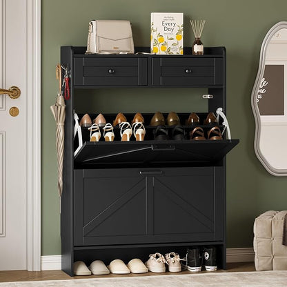 BORNOON Shoe Storage Cabinet for Entryway, Farmhouse Narrow Shoe Cabinet with 2 Flip Drawers & Top Drawers, Adjustable Shelves & Hooks, Freestanding Hidden Rack Organizer for Hallway, Foyer
