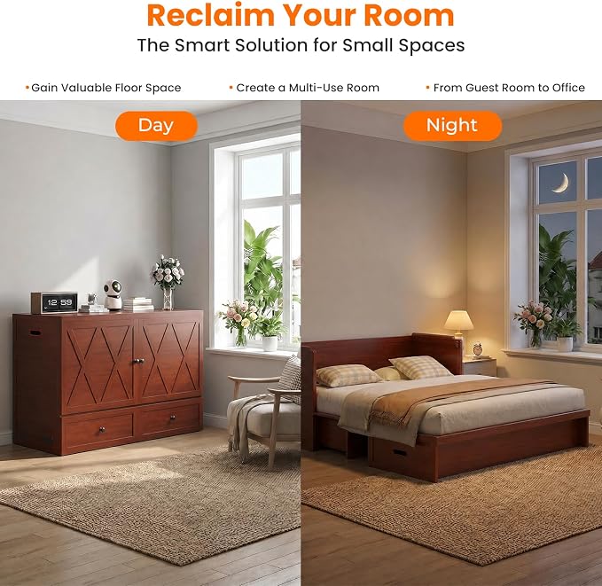 CECER Murphy Bed Queen with Mattress Included for Guest/Small Space-Maroon | Built-in Multi-Port Charging Station ＆ Large Storage Drawer，Space Saving ＆ Easy Assemble and Conversion
