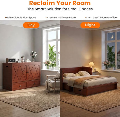 CECER Murphy Bed Queen with Mattress Included for Guest/Small Space-Maroon | Built-in Multi-Port Charging Station ＆ Large Storage Drawer，Space Saving ＆ Easy Assemble and Conversion