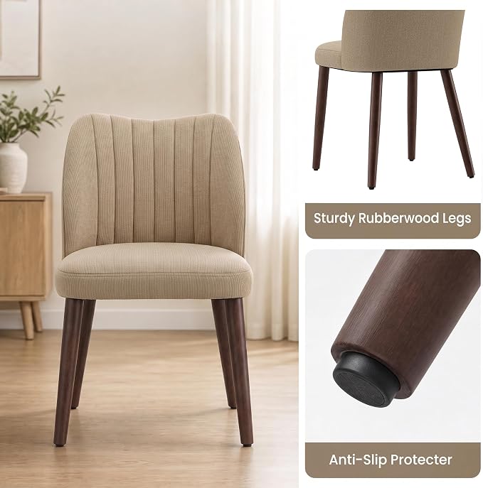 Upholstered Dining Chairs Set of 4, Modern Fabric Dining Chairs with Curved Backrest & Solid Rubber Wood Legs, Padded Kitchen Dining Room Chairs for Restaurant Cafe, Camel