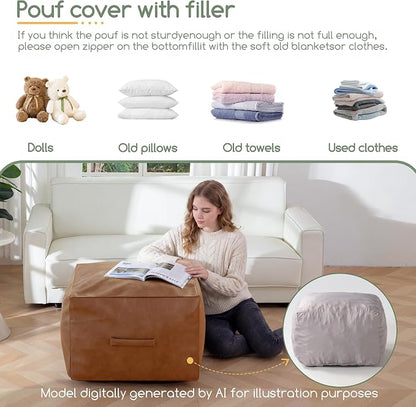 HIGOGOGO Square Stuffed Pouf Ottoman, Pu Leather Poufs with Foam Chunk Filling, Furry and Fluffy Pouf Foot Stool Storage Ottoman,20 X 14 Inches Floor Poufs Foot Rest for Living Room, Brown