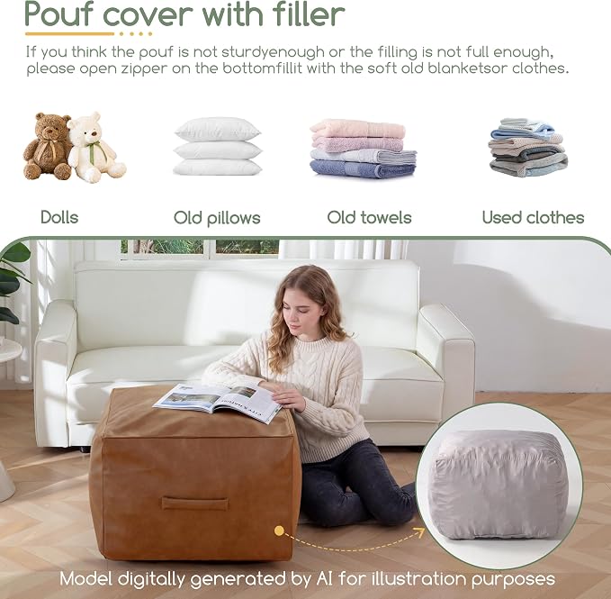 HIGOGOGO Square Stuffed Pouf Ottoman, Pu Leather Poufs with Foam Chunk Filling, Furry and Fluffy Pouf Foot Stool Storage Ottoman,26x18 Inches Floor Poufs Foot Rest for Living Room, Brown