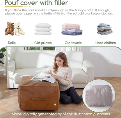 HIGOGOGO Square Stuffed Pouf Ottoman, Pu Leather Poufs with Foam Chunk Filling, Furry and Fluffy Pouf Foot Stool Storage Ottoman,26x18 Inches Floor Poufs Foot Rest for Living Room, Brown