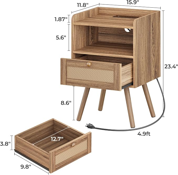 SUPERJARE Nightstand with Charging Station & Rattan-Like Decor Drawer, Rattan End Table with Solid Wood Feet, Bed Side Table with Open Storage, for Bedroom, Living Room, Dormitory, Walnut