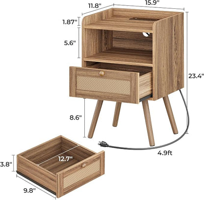 SUPERJARE Nightstand with Charging Station & Rattan-Like Decor Drawer, Rattan End Table with Solid Wood Feet, Bed Side Table with Open Storage, for Bedroom, Living Room, Dormitory, Walnut