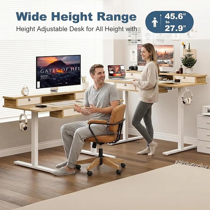 Grandder Electric Standing Desk with Four Drawers, Sit to Stand Up Height Adjustable Desk with Storage Shelf for Home Office, 55 * 24 Inch, Study, Ergonomic Adjustable Computer Desk, Oak
