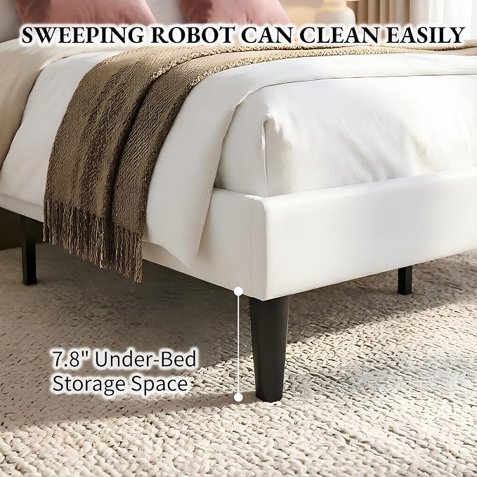 VECELO Full Size Bed Frame, Adjustable Upholstered Button Tufted Headboard, Heavy-Duty Bedframe with Wood Slats Support, No Box Spring Needed, Linen & White