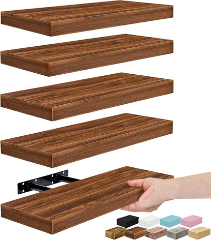 Sorbus Floating Shelves for Wall – 16 Inch Floating Shelf for Kitchen, Bedroom, Living Room, Bathroom, Home & Wall Decor - Mounted Bathroom Shelves with Invisible Brackets (Walnut, 5 Pack)