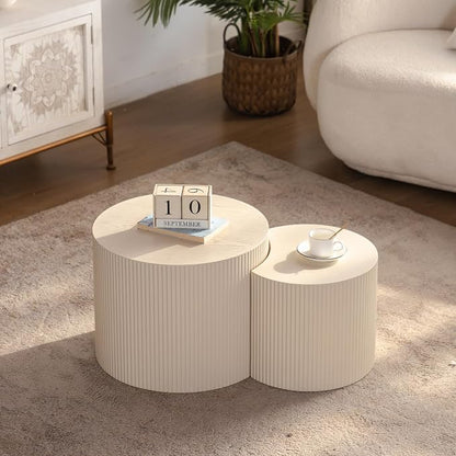 Round Wood Coffee Table Set od 2 for Small Space, Morden End Table, Fluted Side Table, Circle Wooden Center Table for Living Room, Fully Assembled