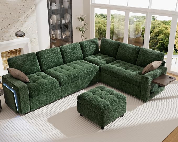 Vipbear 7 Seat L Shaped Modular Sectional Sleeper Sofa Bed with Ottoman/Pull Out Bed/Reclining Backrest/USB Ports/Table/LED Light/Storage Seat, Tool-Free Assembly, Chenille Green