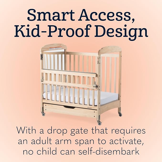 Foundations Serenity SafeReach Slatted Crib with Adjustable Mattress Board, Compact Wooden Baby Crib with Commercial Grade Casters, Includes 3” Foam Mattress (Natural)