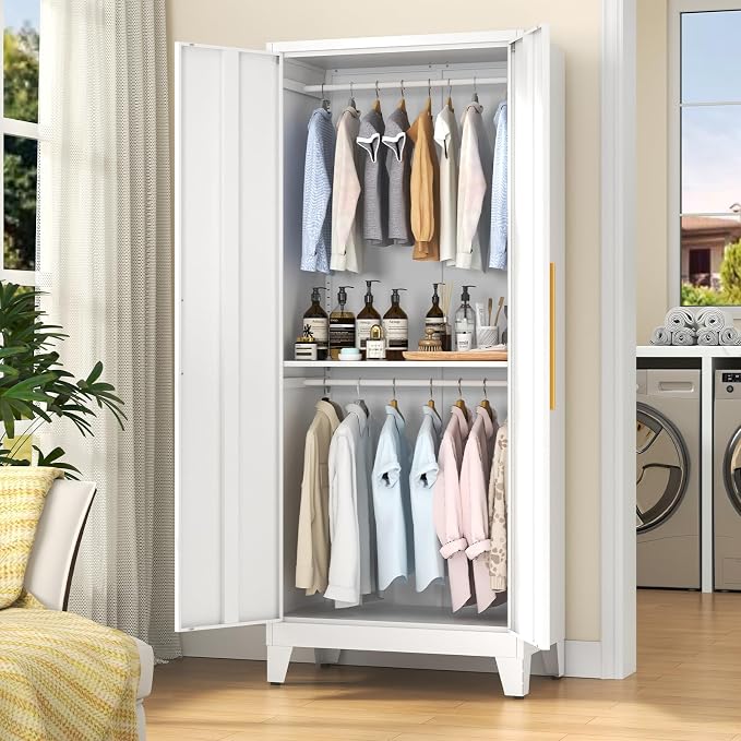 72" Tall Metal Armoire Wardrobe Closet - Large Clothing Storage Cabinet with Mirror Doors, 2 Hanging Rod & Adjustable Shelve - Closet Organizer for Bedroom, Office, Laundry Room, Garage - White