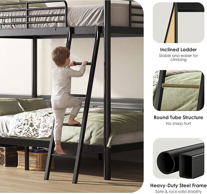 Bunk Bed Twin Over Twin, Heavy Duty Metal Bunk Bed with Ladder, More Stable and Safe for Teens, Students or Roommates, Space Saving for Apartment, Dorm or Small Room, Easy Assembly, Black