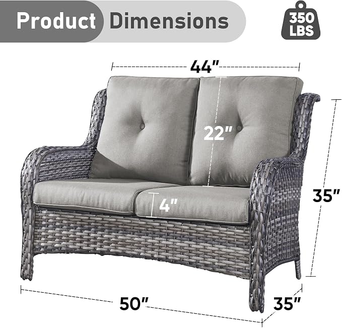 Outdoor Loveseat Sofa-2 Seater Rattan Wicker Patio Couch High Back Patio Sofa for Porch Deck Backyard-Greywicker/Grey