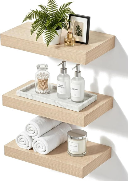 Floating Shelves, Oak Wooden Set of 3 Wall Mounted Bathroom Shelves Over Toilet, Modern Small Hanging Shelves for Bedroom Living Room Kitchen Farmhouse Home Decor, 12" x 7" x 1.5"