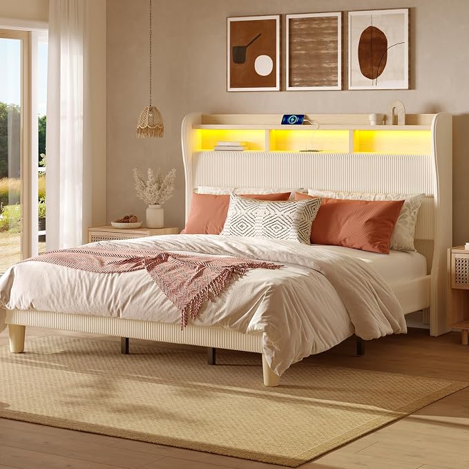 Bestier King Size Upholstered Wingback Bed Frame with 51” High Headboard Corduroy Fabric RGB LED Lights, Charging Station Dual Storage Shelves Modern Off White Platform Bed No Box Spring Needed