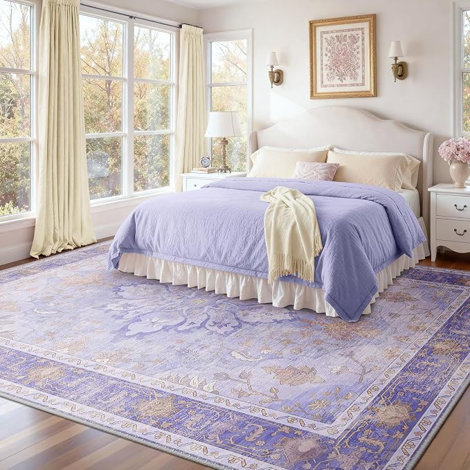 RELEANY Area Rugs Large 9'x12' Washable Non-Slip, Floral Vintage Distress Medallion Carpet for Living Room Bedroom Dining Room, Light Purple Brown