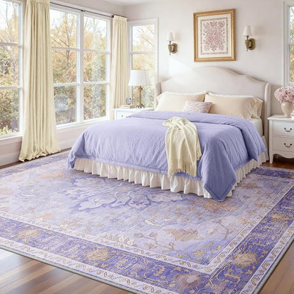 RELEANY Area Rugs Large 10'x14' Washable Non-Slip, Floral Vintage Distress Medallion Carpet for Living Room Bedroom Dining Room, Light Purple Brown
