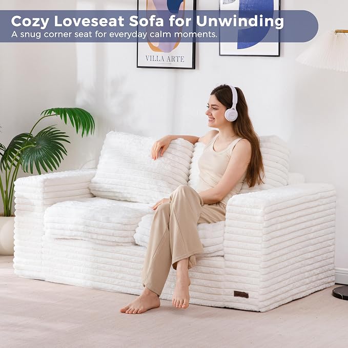 MAXYOYO Boneless Loveseat Sofa Couch for Adults, Floor Bean Bag Couch Sofa | Faux Fur Sofa with Armrests and Back Support, Plush Foam Filled Lounge Couch, Cozy Bean Bag Couch for Living Room, Apartment
