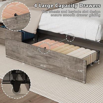VINGLI LED Queen Bed Frame with 4 Storage Drawers and Adjustable Headboard Shelf, Metal Platform Panel Bed with Charging Station for Kids Teens, Adults, No Box Spring Needed, Wash Gray