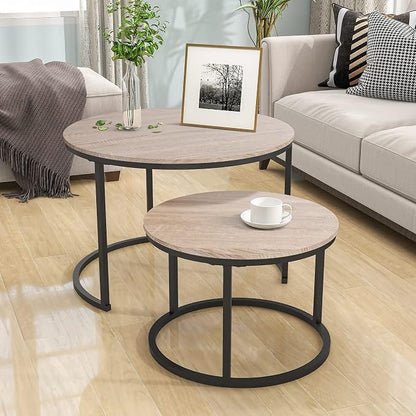 HOJINLINERO Round Coffee Table,Nesting Coffee Table Set of 2,Center Tables for Living Room,Office, Home Small Space,Stacking Side Tables,Sturdy and Easy Assembly,Wood Desktop,Black+Teak OAKDK,Large