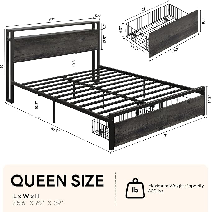LIKIMIO Queen Bed Frame with 2 2-Tier Storage Headboard, Platform Bed with 2 Drawers and Charging Station, No Box Spring Needed, Easy Assembly, Charcoal Grey