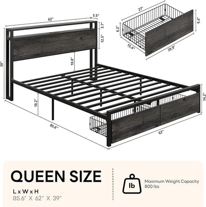 LIKIMIO Queen Bed Frame with 2 2-Tier Storage Headboard, Platform Bed with 2 Drawers and Charging Station, No Box Spring Needed, Easy Assembly, Charcoal Grey