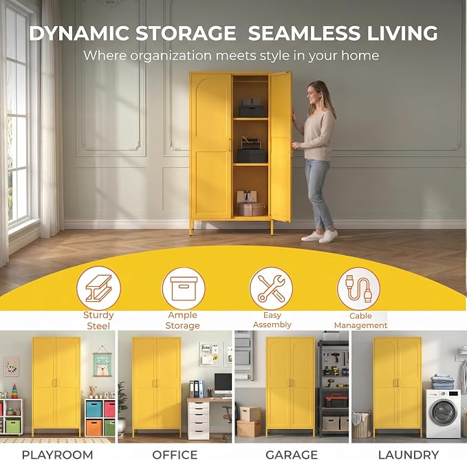 Lockable Closet Metal Wardrobe 67" Yellow 2 Door Wardrobe Bedroom Storage Cabinet Adjustable shelf Multi functional metal Storage Cabinet with hanging rail for domestic use 18.1" D x 31.5" W x 67" H