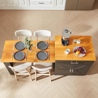 ONBRILL 76" Kitchen Islands with Extendable Dining Table, 2-4 Island Table with Double-Side Storage, Mobile Storage Islands Cart with Power Outlet & Spice Rack, Black