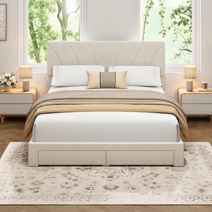 Garvee Queen Size Bed Frame with 2 Storage Drawers & Adjustable Headboard, Velvet Upholstered Platform Queen Bed Frame, Wooden Slats Support, No Box Spring Needed, Easy Assembly, Beige