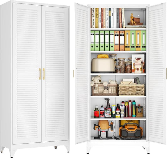 75" Metal Pantry Cabinet,Kitchen Storage Cabinet with Shelves | Louvered Metal Storage Cabinet,Adjustable Shelves,Gold Handles,Leveling Feet,Anti-tipping,for Garage/Kitchen White