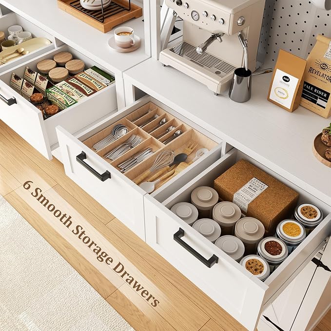 Unikito 94.5" Extra Wide Kitchen Pantry Cabinet with 3 Power Outlets & LED Light, 71" Tall Large Kitchen Hutch Cabinet with Countertop, DIY Pegboard with Hooks & Drawers, Farmhouse Food Pantry, White